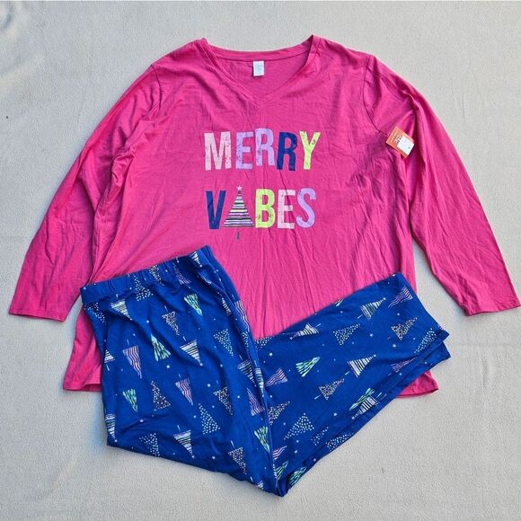 Sleep Chic Merry Vibes Pink and Blue PJ Set Size 3X - Picture 1 of 16